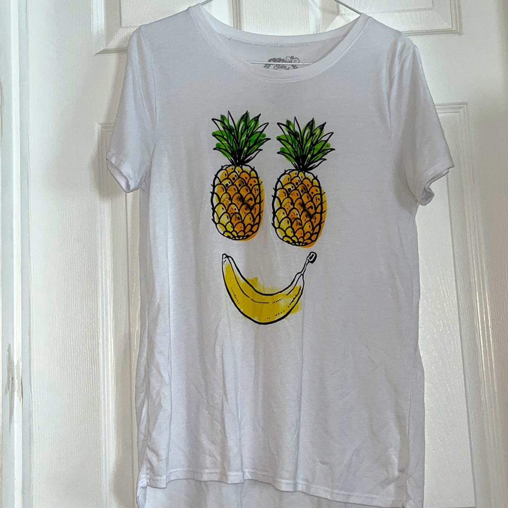 Girl’s White Tee, Pineapple Banana Smiley, Large